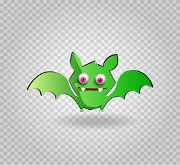 Vector illustration of cute funny green cartoon bat on transparent background
