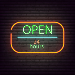 Fototapeta na wymiar Neon sign open shop 24 7 neon light sign vector illustration.