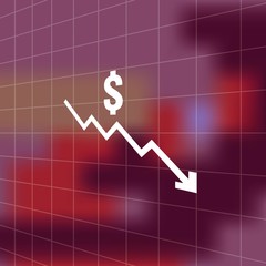 dollar money fall down icon symbol with blur background. arrow decrease economy stretching rising drop. Business lost crisis decrease. cost reduction bankrupt icon. vector illustration.