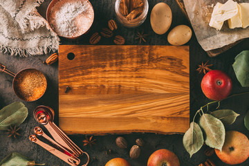 Empty chopping board and ingredients for baking.