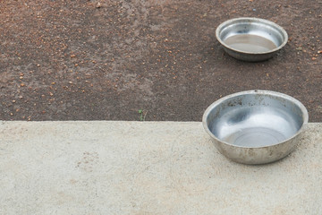 empty stainless dog bowl on the ground
