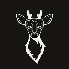 Head of a young reindeer. Drawing on a black background. Vector illustration. Animals wildlife.