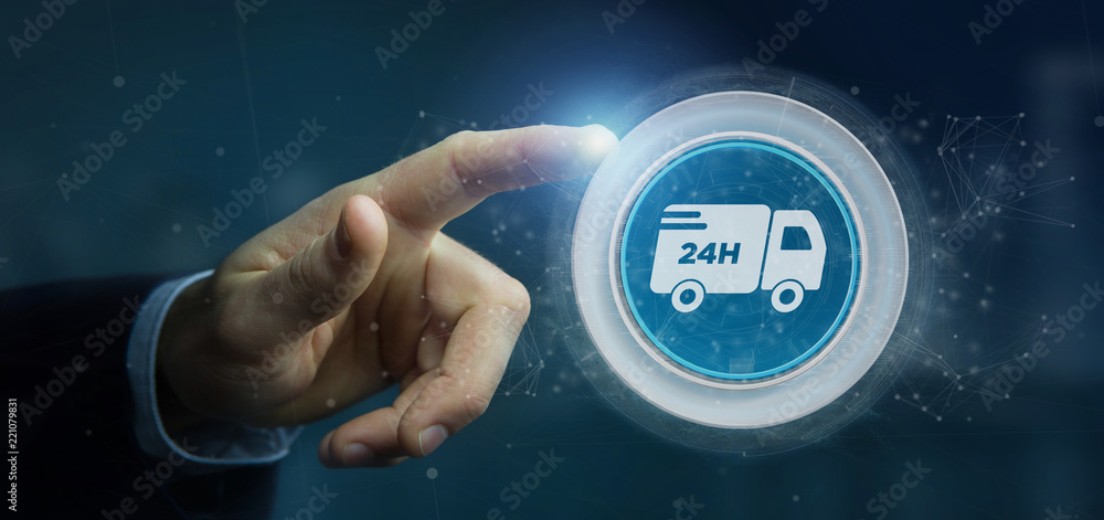 Poster businessman holding a fast delivery button with connection 3d rendering