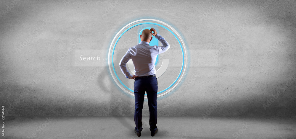 Poster businessman in front of a vocal search system with button and icon3d rendering