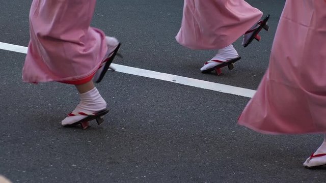 KOENJI, TOKYO, JAPAN - 26 AUGUST 2018 : Close-up shot of women`s dancing foot at AWA ODORI FESTIVAL (AWA DANCE FESTIVAL) in KOENJI.