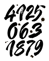 set of calligraphic acrylic or ink numbers. ABC for your design, brush lettering on a white background with blots