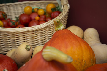 Korb mit Tomaten und Kürbissen