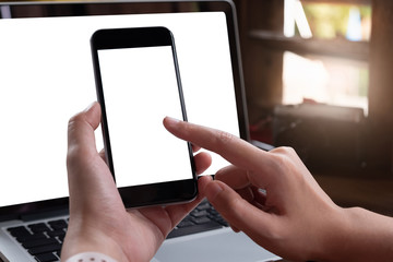 woman using Smartphone. Blank screen mobile phone for graphic display montage.networking service.