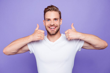 Portrait of handsome cheerful attractive bearded content guy in 