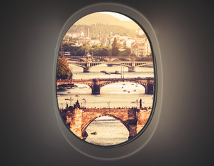 Prague as seen through window of an aircraft.