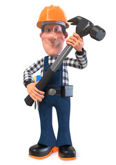 3d illustration Builder worker in overalls/3D illustration of funny engineer plumber character engaged in repair