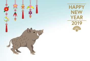 2019年　亥年　年賀状　イノシシ　つるし飾り　英語賀詞