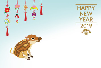 2019年　亥年　年賀状　ウリ坊　つるし飾り　英語賀詞