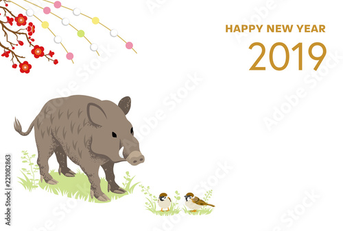 19年 亥年 年賀状 イノシシとスズメ 玉飾り 英語賀詞 Wall Mural Sayuri K