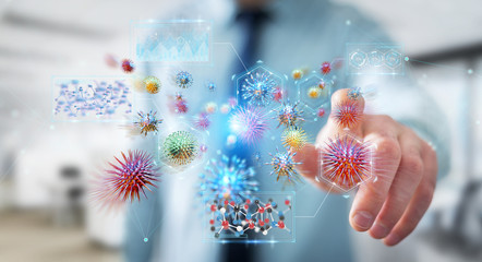 Businessman analyzing bacteria microscopic close-up 3D rendering