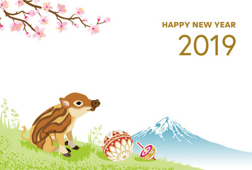 2019年　亥年　年賀状　ウリ坊　富士と桜 - 英語賀詞