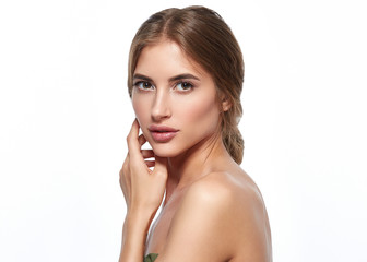 Beautiful face woman with healthy clean skin and natural makeup isolated on white