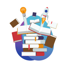 Pile of open and closed books. Start of a new idea via learning, education, knowledge. Flat design vector illustration