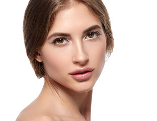 Obraz premium Healthy pure skin woman face closeup isolated on white