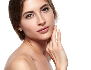 Healthy pure skin woman face closeup isolated on white