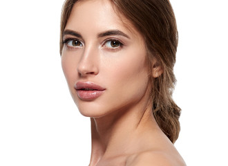 Healthy pure skin woman face closeup isolated on white