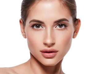 Healthy pure skin woman face closeup isolated on white