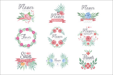 Fototapeta na wymiar Flower shop logo design set of colorful watercolor vector Illustrations