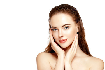 Fototapeta premium Skin care woman face with healthy beauty skin face closeup cosmetic age concept