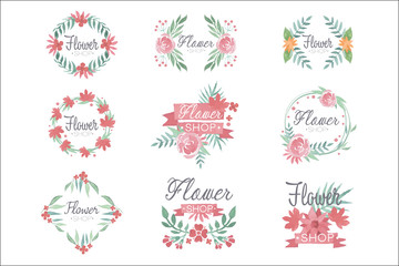 Set of flower shop logo design, colorful watercolor vector Illustrations