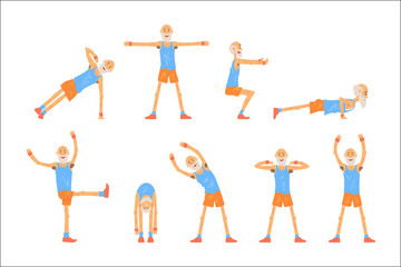 Elderly man character exercising set, healthy active lifestyle retiree, elder fitness vector Illustrations