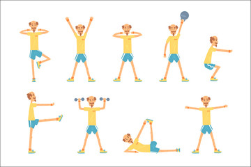 Senior man character exercising set, healthy active lifestyle retiree, elder fitness vector Illustrations