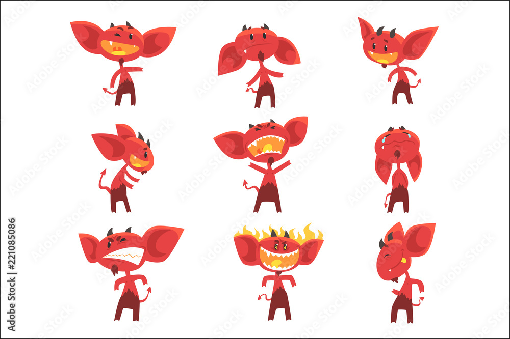 Aufkleber funny red devil cartoon characters with different emotions set of vector illustrations