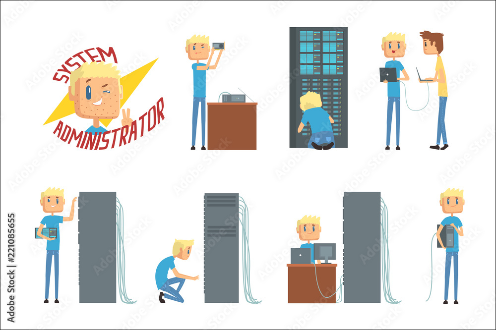 Poster system administrator, network engineer characters, set of network diagnostics, users support and ser