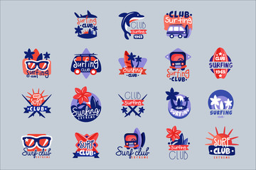 Surfing club logo templates set, surf club emblem, windsurfing badge collection