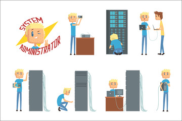 System administrator, network engineer characters, set of network diagnostics, users support and server maintenance cartoon vector Illustrations
