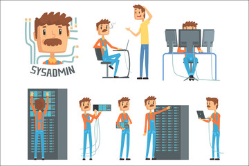 Sysadmin, network engineer characters, set of network diagnostics, users support and server maintenance cartoon vector Illustrations