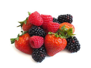 Fresh strawberry, raspberry and blackberry on wooden background, healthy food and diet.
