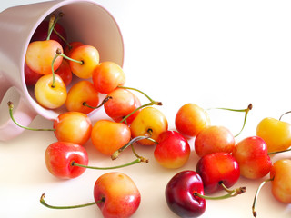 Sweet and healthy Rainier cherries on white background, fresh fruits