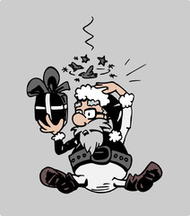 Kerstman heeft een cadeau op zijn hoofd gekregen.Grappig cartoon karakter 