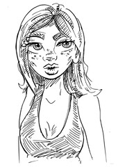 Portret illustratie met pen getekend. Lijntekening schets van jonge vrouw