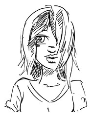 Portret illustratie met pen getekend. Lijntekening schets van jonge vrouw