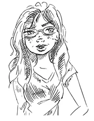Foto op Canvas Portret illustratie met pen getekend. Lijntekening schets van jonge vrouw met bril © emieldelange