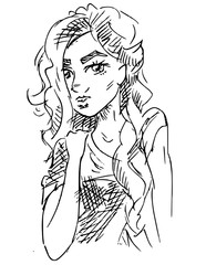 Portret illustratie met pen getekend. Lijntekening schets van jonge vrouw