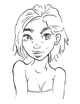 Portret illustratie met pen getekend. Lijntekening schets van jonge vrouw
