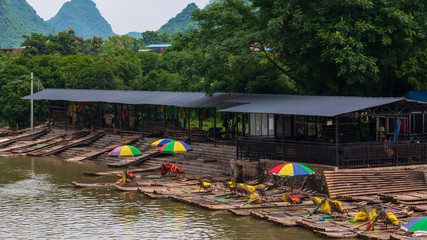 Rafts on Li River in Yangshuo Guilin China.
