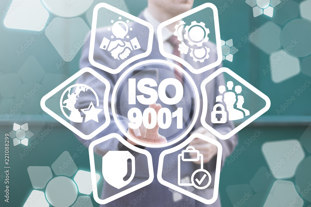 Poster businessman clicks a iso 9001 text button on a virtual panel. quality management system control. cer