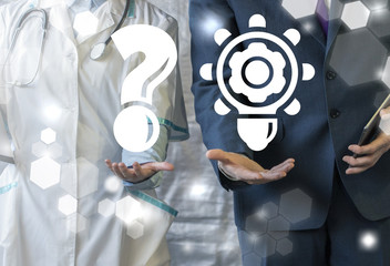 Doctor offers a question mark and businessman represents light bulb with cog wheel on a virtual...