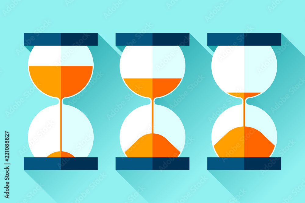Poster hourglass icons set in flat style, sandglass on color background. vector design elements for you pro