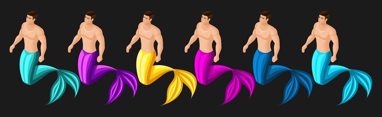 Isometric male mermaid, set of multi-colored characters, inhabitants of the sea, Neptune, sea king