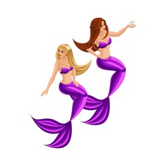 Isometry game concept cartoon, two beautiful mermaids with long hair, serena, girl, sea, tail. Isometric characters set 2